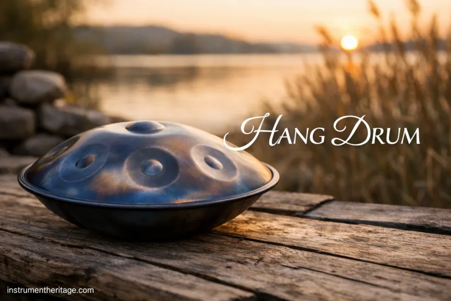 A handpan hang drum with a shiny metallic surface resting on a wooden dock at sunset.