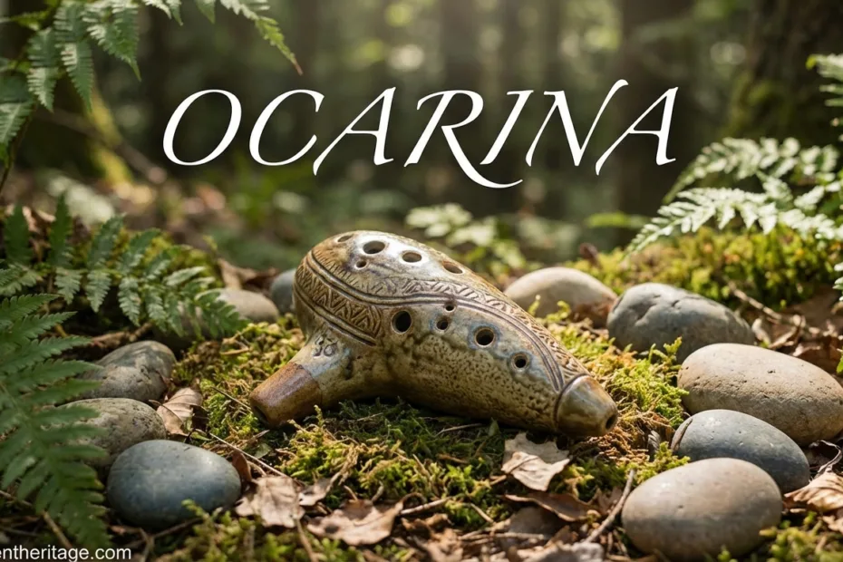 Ocarina made of clay with holes on its surface, resting on green moss in nature.