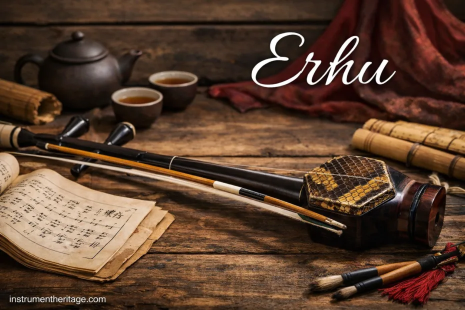 Erhu, a Chinese two-stringed fiddle, with its bow resting on a wooden table and traditional music books nearby.