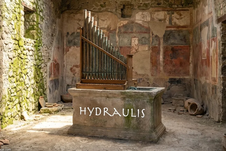 Hydraulis water organ with its decorated pipes and ancient stone base, showcasing its intricate design.
