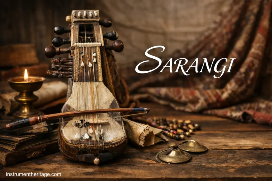 Sarangi with its wooden body and bow, an Indian instrument used in classical music performances.
