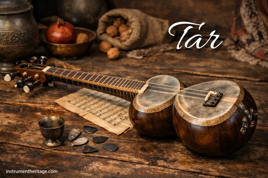 Tar: The Persian long-neck lute with a wooden body and strings, placed on a rustic table with a small bowl of nuts.
