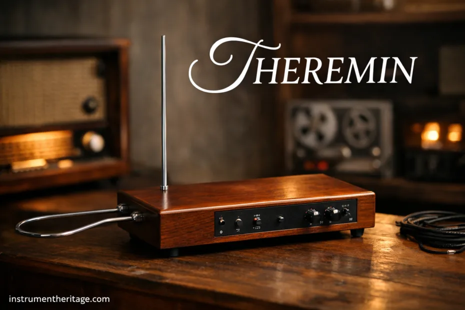 Theremin with its antenna and wooden base, an early electronic instrument played without physical contact.