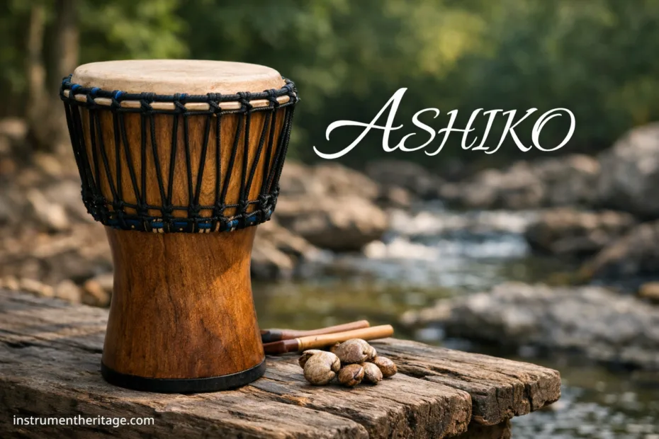 Ashiko African drum with a cone shape and wooden body placed on a rocks by a river.