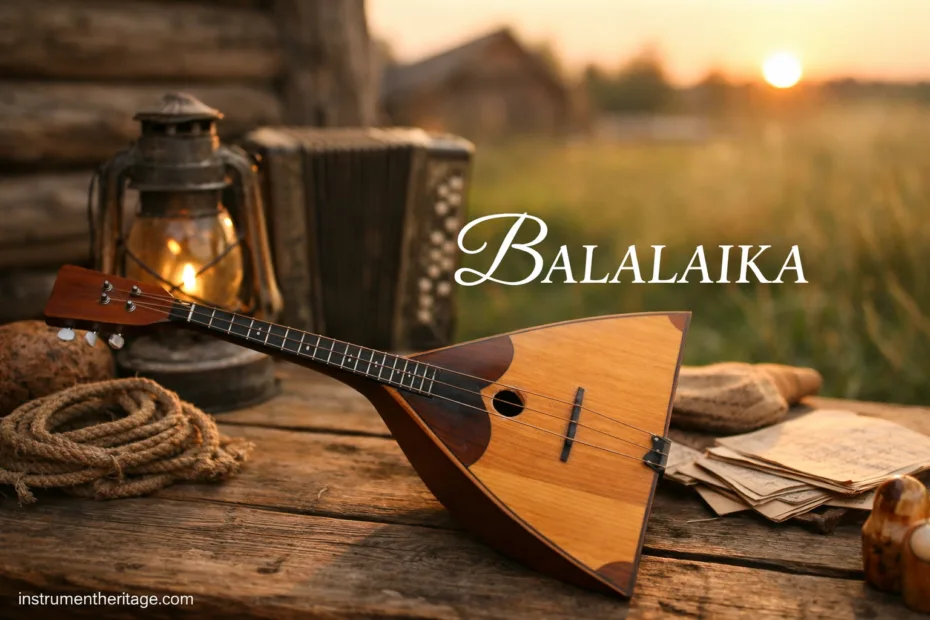 Balalaika with its triangular body and strings, resting on a wooden surface next to a cup and sheet music.