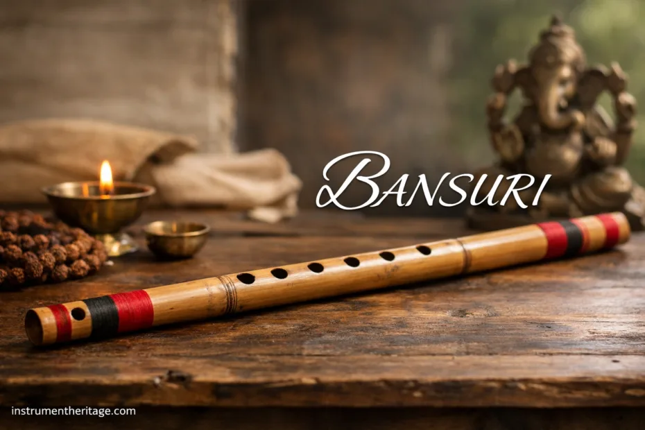 Bansuri: The Indian bamboo flute with a close-up of its finger holes on a wooden surface.