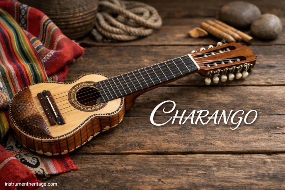 Charango andean instrument features a small, carved wooden body and multiple strings stretched over a fretboard.