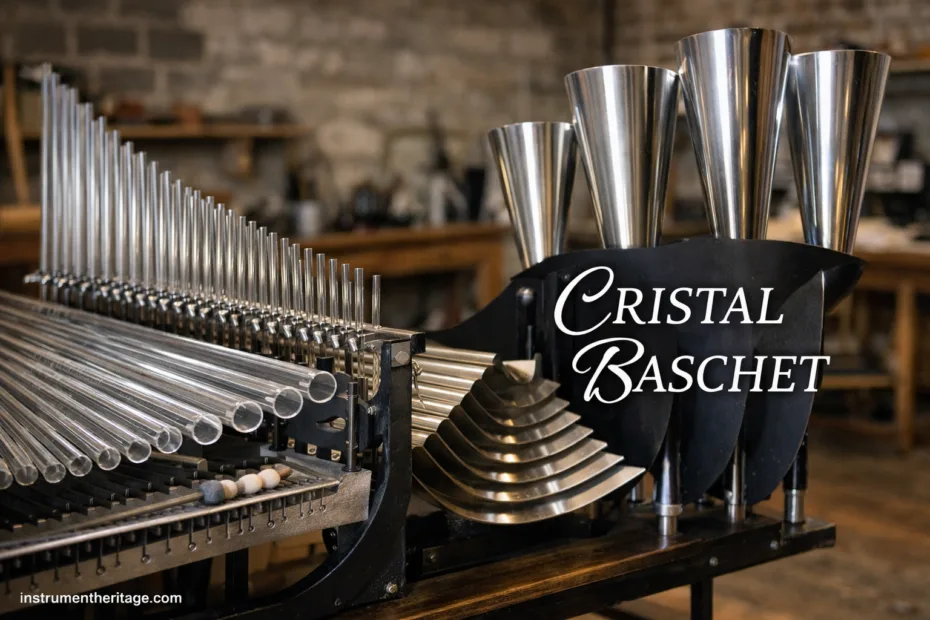 Cristal Baschet instrument with glass rods and metal cups creating musical sound.