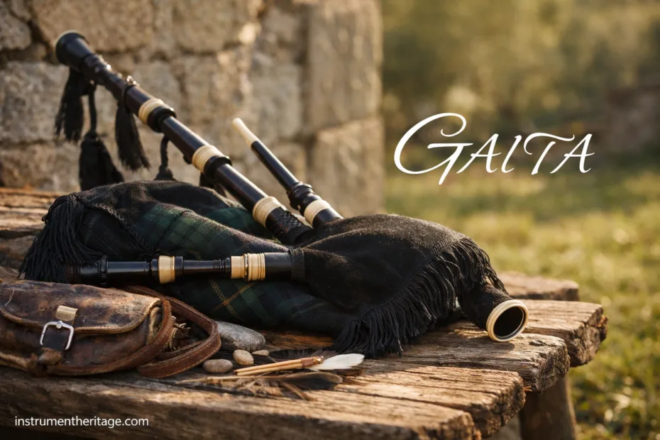 Gaita: The Iberian Bagpipe features a black bag and wooden pipes resting on a wooden surface.