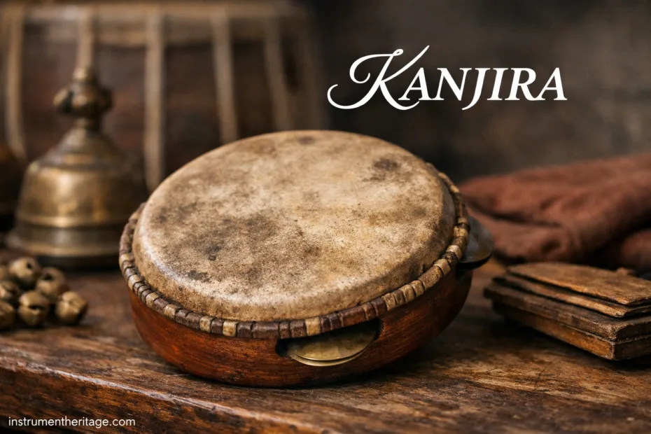 Kanjira: The South Indian frame drum with a taut skin surface and a wooden frame.
