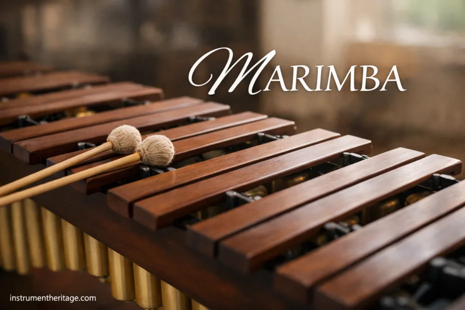 Marimba instrument with colorful mallets resting on its wooden bars.