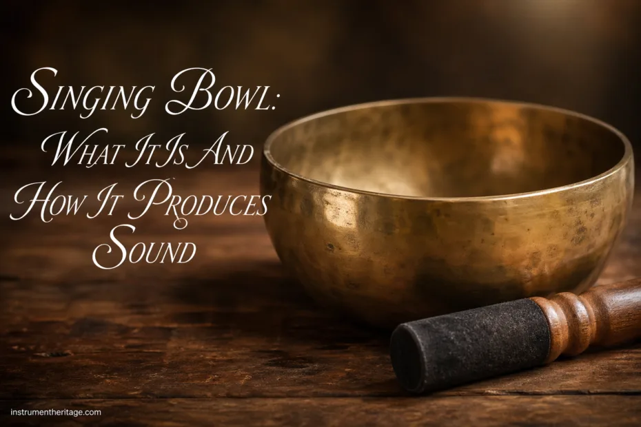 Singing bowl instrument with a smooth, metallic surface producing calming sound when struck or played with a mallet.
