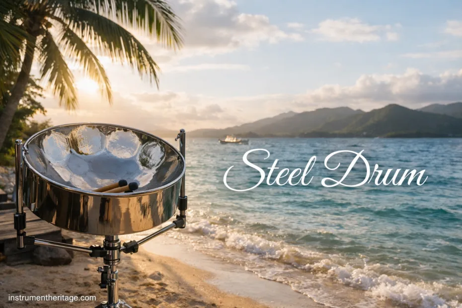 Steel drum with shiny surface and palm trees on a beach in the Caribbean
