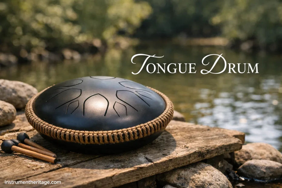 Tongue drum instrument with a rounded metal body and carved tongue-shaped indentations, sitting on a wooden surface near…