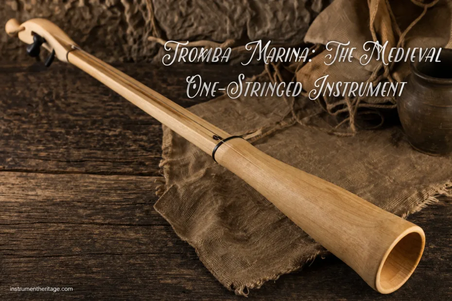 Tromba marina instrument made of wood and string, played by drawing a bow to produce sound on this medieval one-stringed…