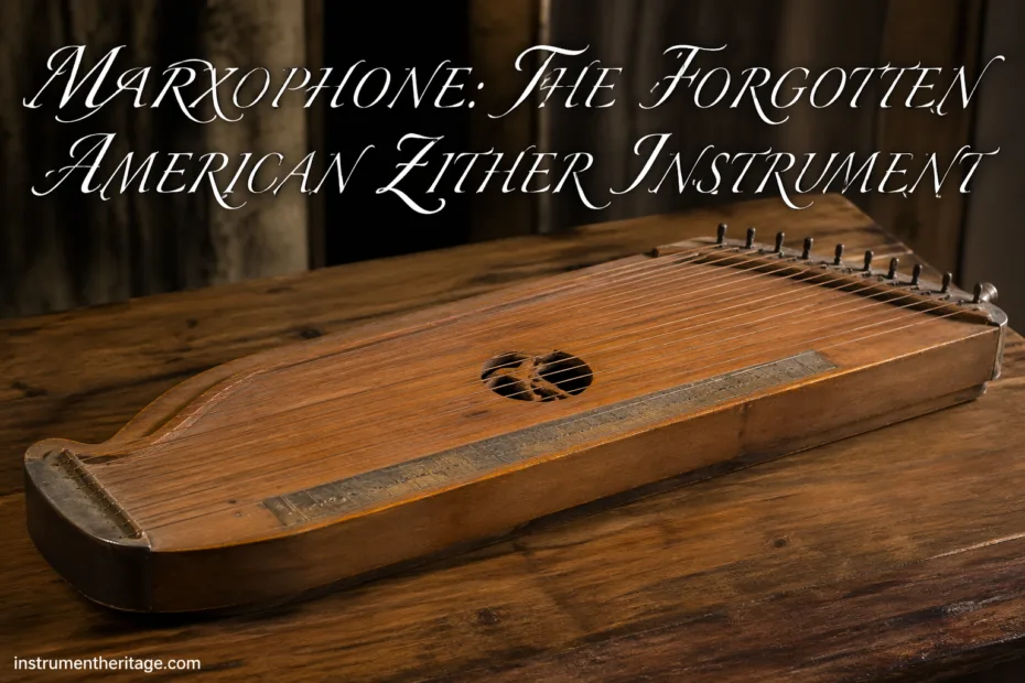 Marxophone instrument, a unique American zither, with strings and a metal resonator, seen in a rustic wooden setting.