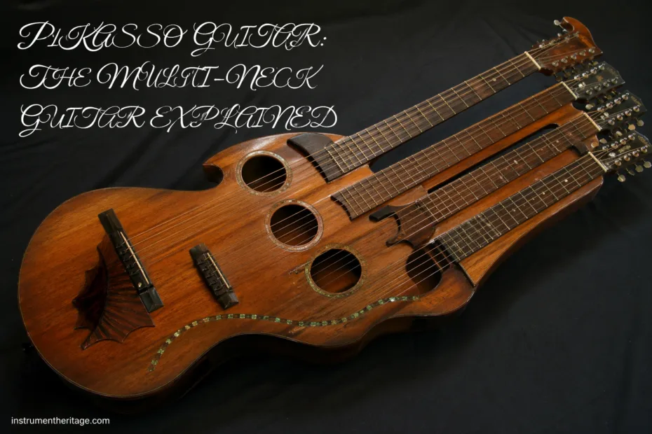 Pikasso guitar features multiple necks for versatile play and unique sound options in a stylish wooden design.