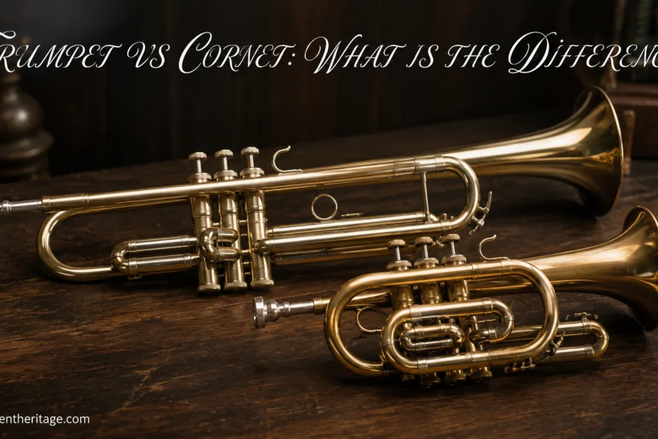 Trumpet vs cornet, this image shows a side-by-side comparison of two brass instruments used in music.