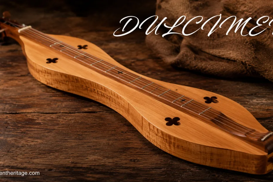 Dulcimer instrument with a long, wooden body and multiple strings in various regional folk styles.