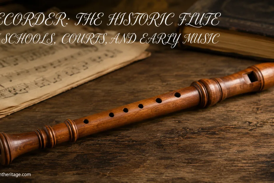 Recorder instrument, a historic flute used in schools, courts, and early music, shown resting on a wooden surface.