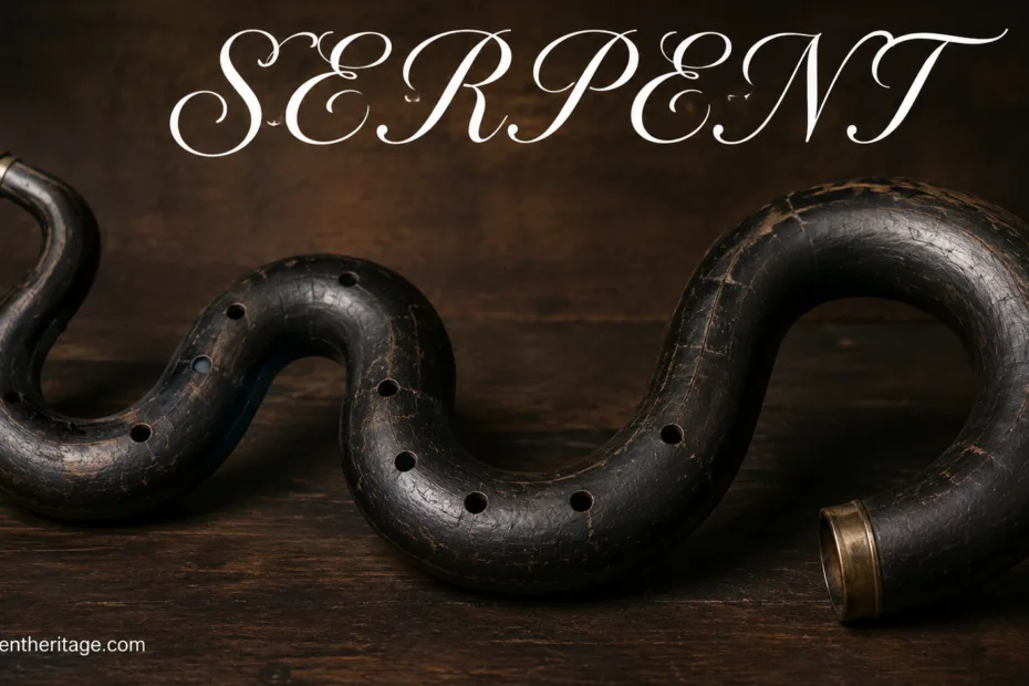 Serpent wind instrument with a winding shape and holes, used in early church music for its deep, resonant sound.