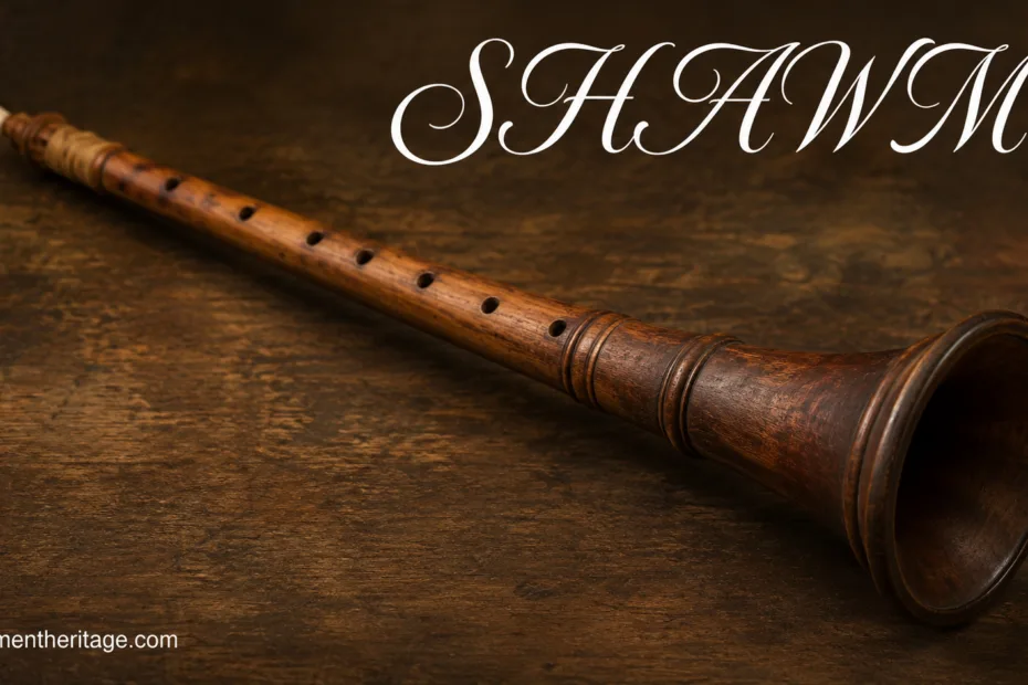 Shawm instrument with a loud, ancient sound, played using a double reed for medieval music performances.