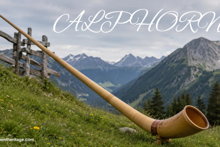 Alphorn instrument played outdoors with mountains in the background, showcasing its long wooden structure used in tradit…