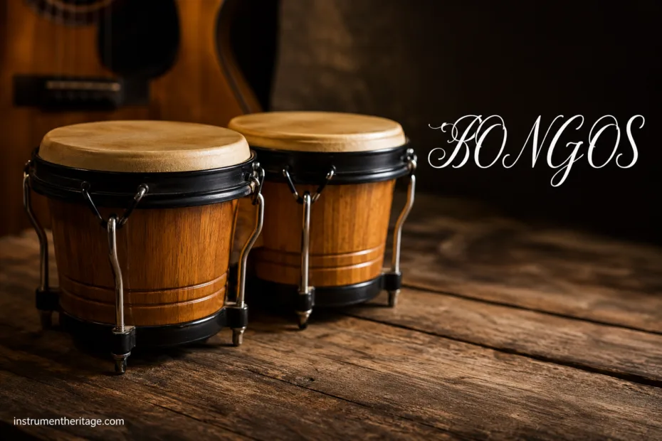 Bongos drums, small Cuban drums, with a warm wooden finish and natural skin heads, set on a rustic wooden surface.