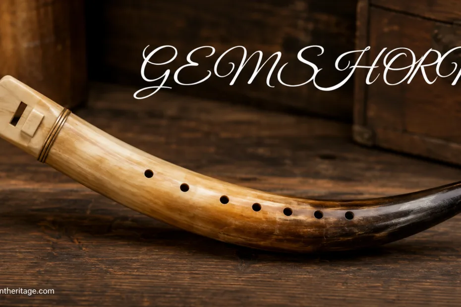 Gemshorn instrument made from horn with a curved shape and multiple finger holes for playing melodies.