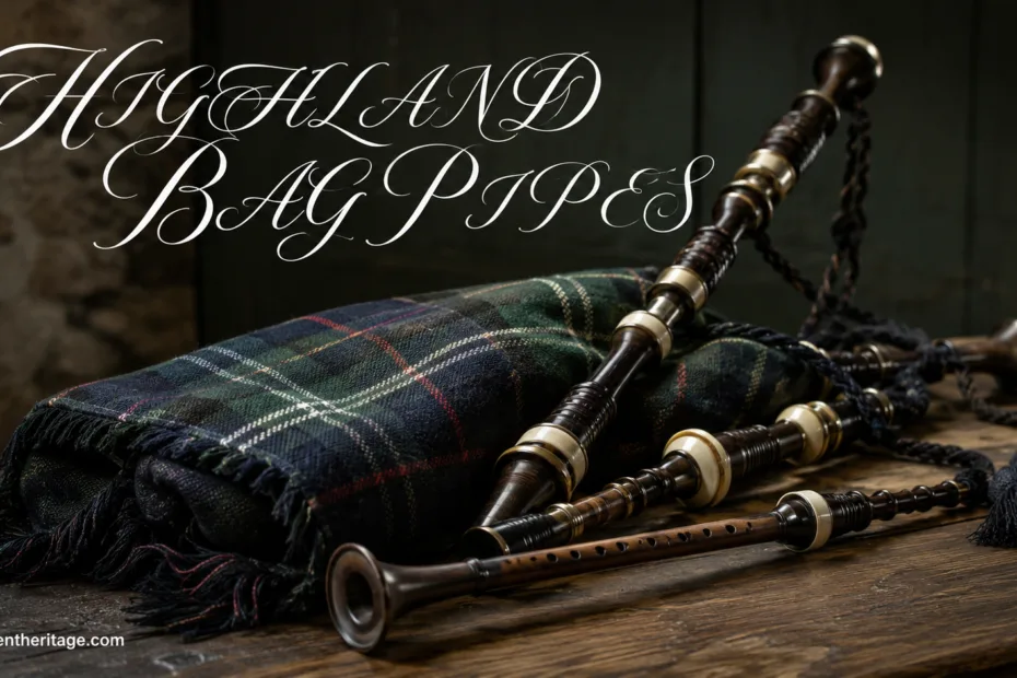 Highland bagpipes produce a distinct sound with reed chanters and drone pipes, traditionally used in Scottish celebratio…
