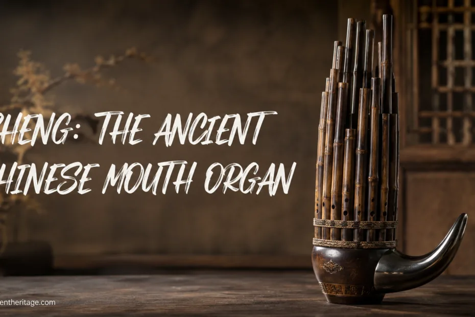 Sheng: The ancient Chinese mouth organ with multiple pipes played by blowing air into its bamboo and metal tubes.