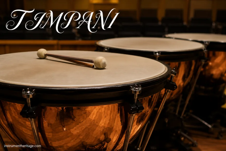 Timpani instrument showcasing polished copper drums and mallets for dramatic orchestral sound.