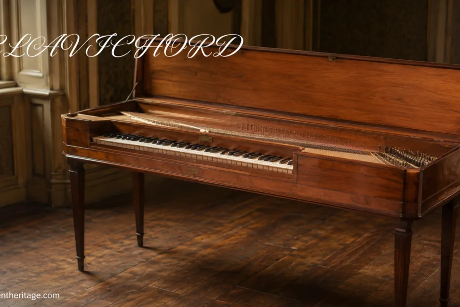Clavichord instrument with wooden frame and keys, known for quiet sound before the piano era.