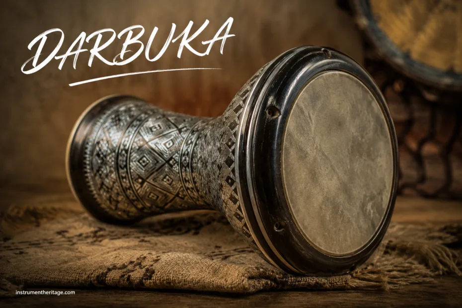 Darbuka drum with intricate patterns and a metallic finish, showcasing its traditional goblet-shaped design.