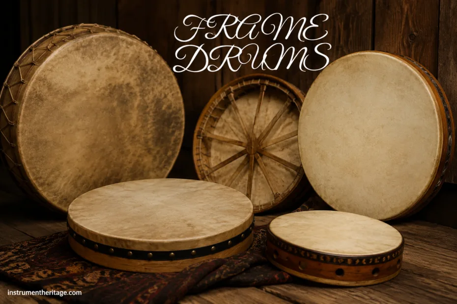 Frame drums used in various cultural music traditions, shown with different sizes and designs.
