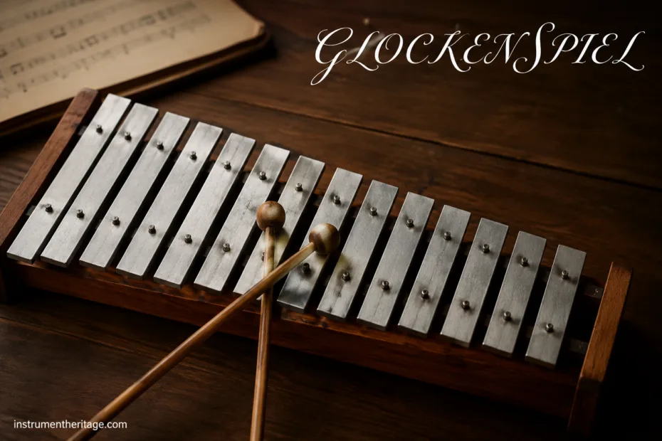 Glockenspiel instrument features bright metal bars played with mallets in a musical performance.