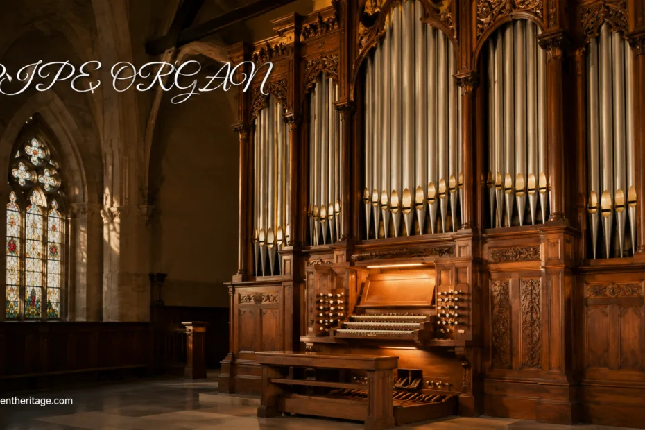 Pipe organ instrument with large wooden pipes and ornate design inside a historic church or concert hall.