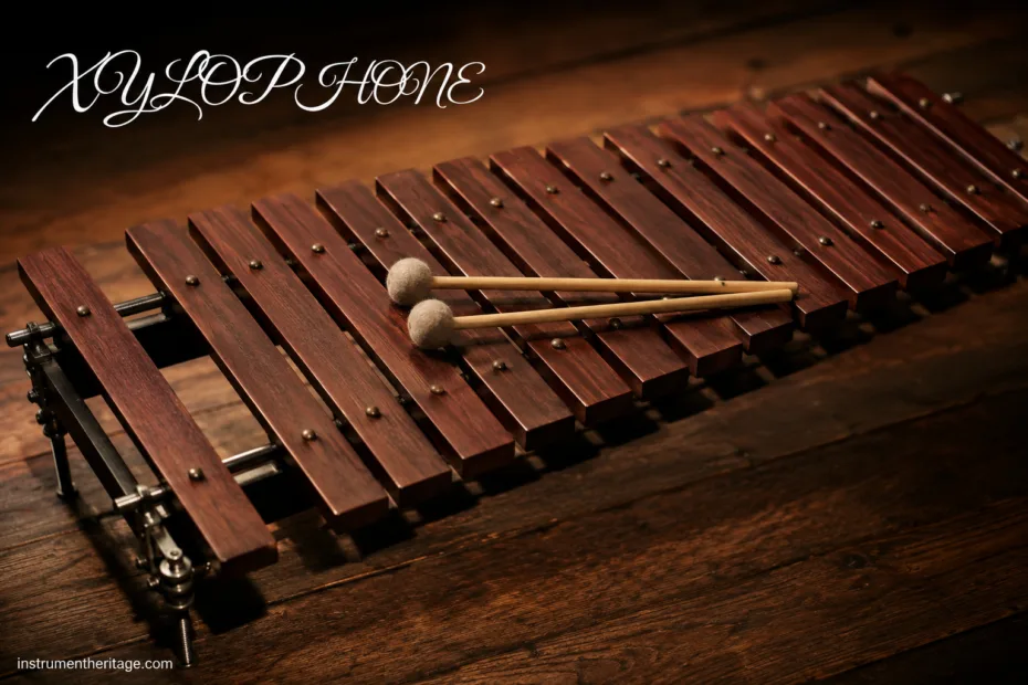 Xylophone instrument with wooden bars and mallets resting on top, used in various musical styles.
