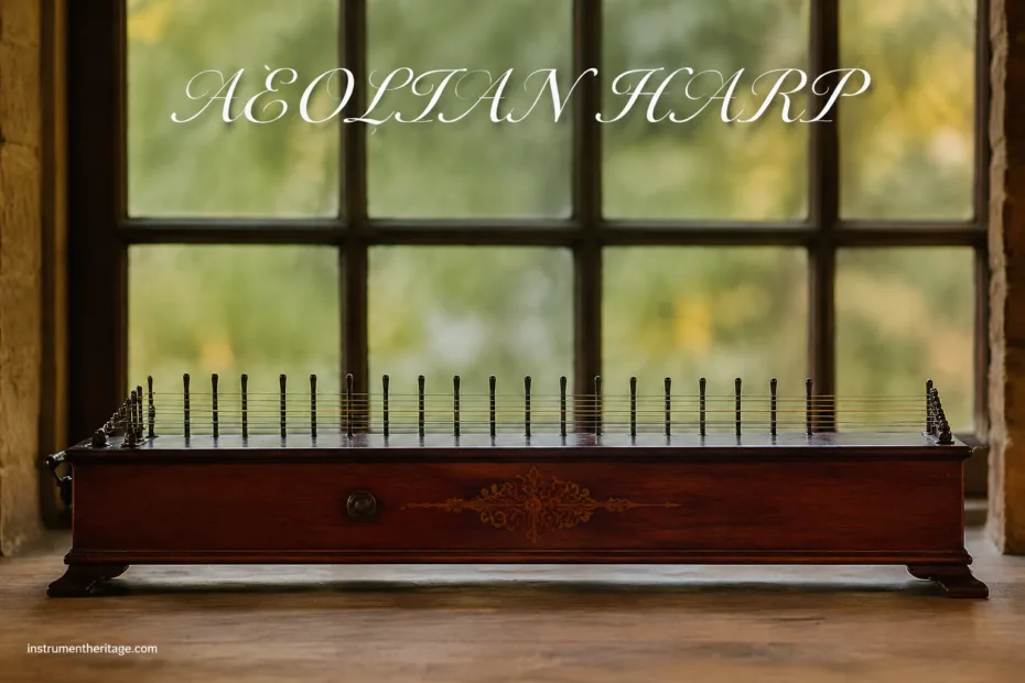 Aeolian harp with strings vibrated by the wind, producing soothing musical sounds through natural air movement.