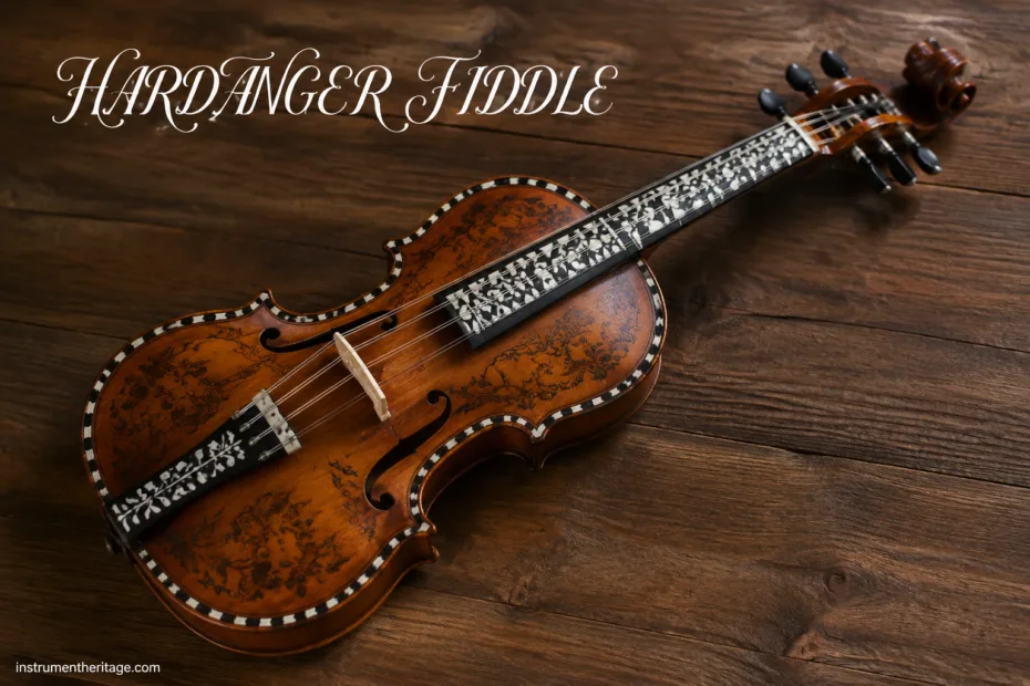 Hardanger fiddle with decorated body and ornate details, showcasing Norway's traditional folk instrument.