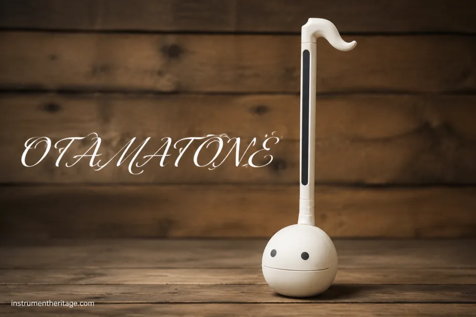 Otamatone instrument sits on a wooden surface with the words 'Otamatone' handwritten in the background, showcasing its p…