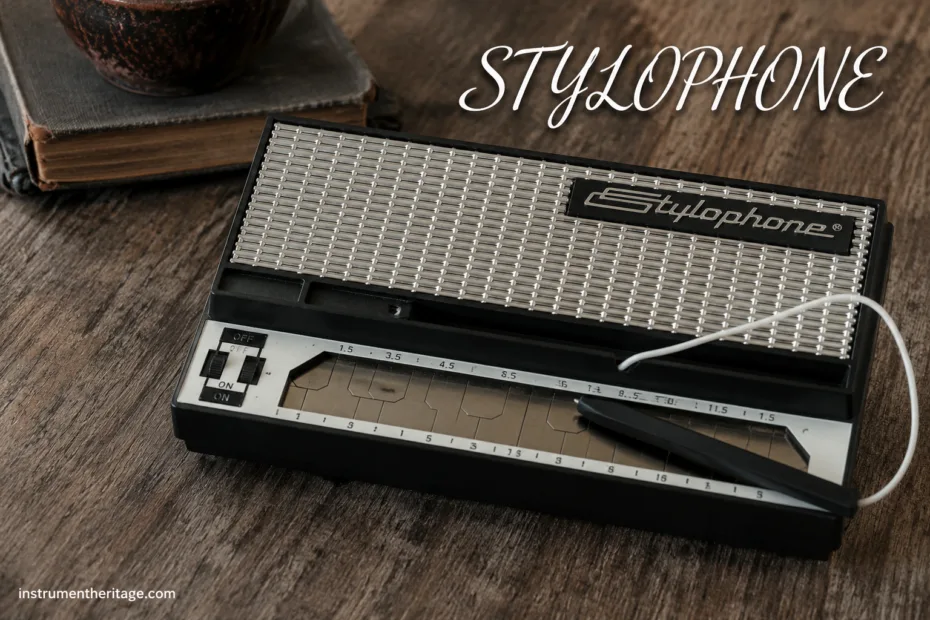 Stylophone instrument from the 1960s, a pocket-sized electronic music device with a metal keyboard and body.