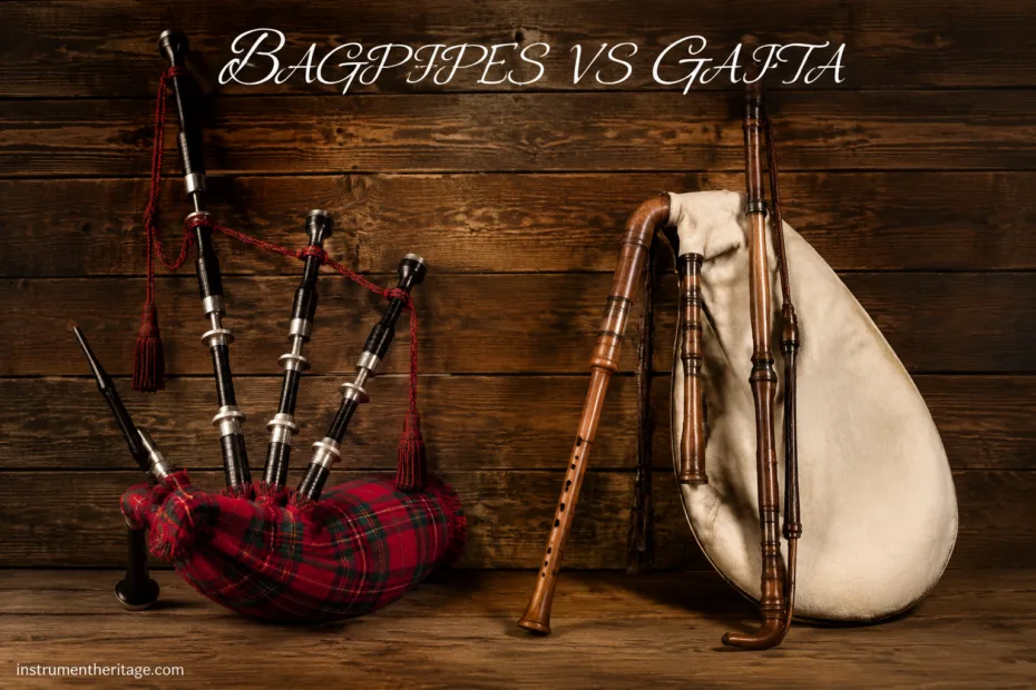 Bagpipes vs gaita: a comparison of traditional bagpipe instruments with a bag and pipes resting against wooden backgroun…