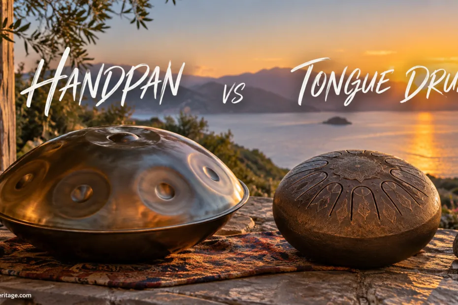 Handpan vs tongue drum: a close-up of both musical instruments showing their unique shapes and surface details