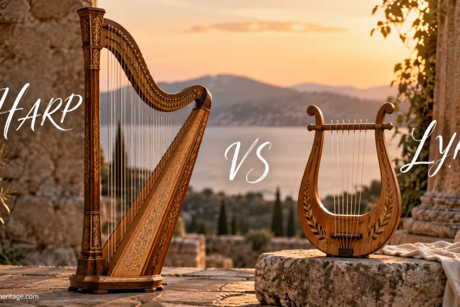 Harp vs lyre: a comparison of two ancient stringed musical instruments with distinct shapes and playing styles.
