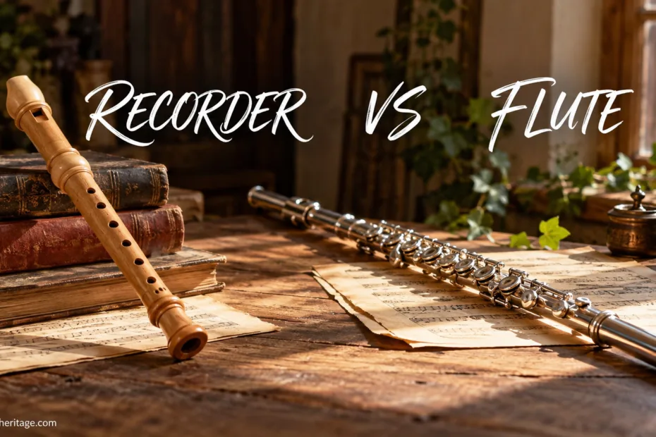 Recorder vs flute: a comparison showing two different woodwind instruments placed on a wooden surface.