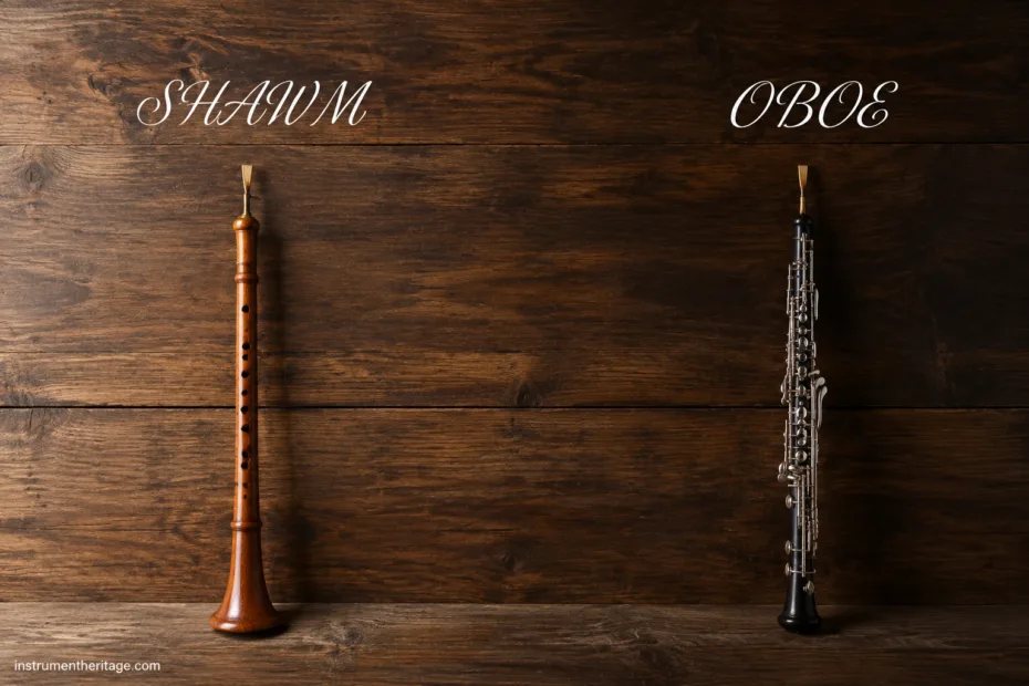 Shawm and oboe are traditional woodwind instruments with similar double-reed designs and historical roots.